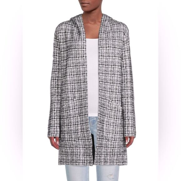 Magaschoni Hooded Plaid Heavy Open Tweed Cardigan in Black/White size Medium - Picture 1 of 12